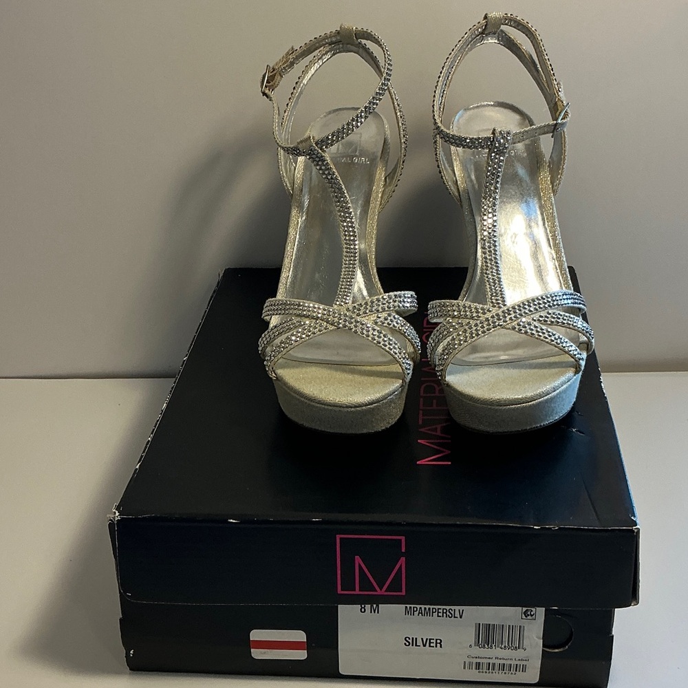 Silver Rhinestone Platform T-Strap Evening Sandals - Picture 7 of 11
